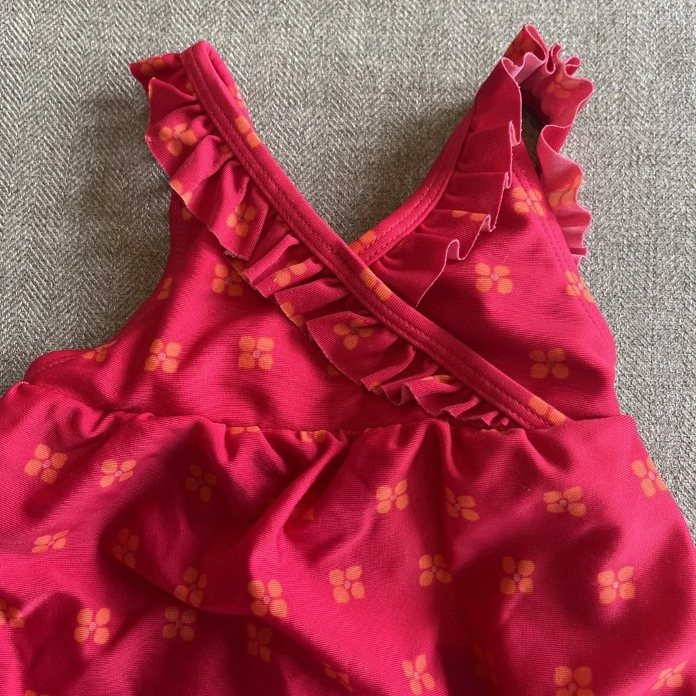 Gymboree Swimsuit Girl Red Orange‎ ruffles Flower Floral Bow 18-24M EUC